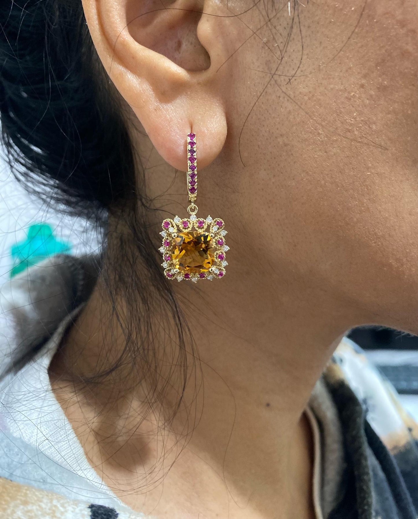 9.19 Carat Citrine Pink Sapphire Diamond Yellow Gold Drop Earrings