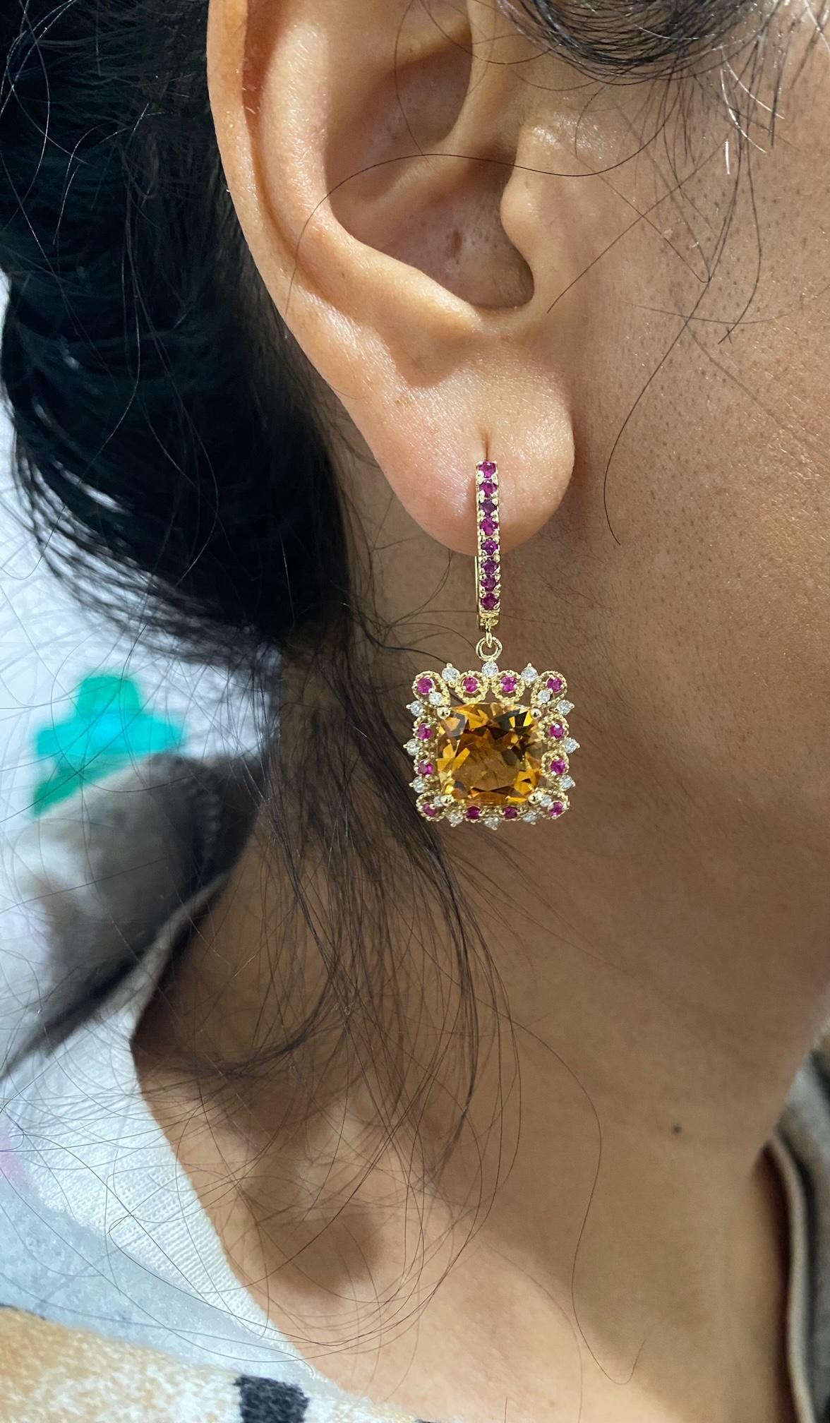 9.19 Carat Citrine Pink Sapphire Diamond Yellow Gold Drop Earrings
