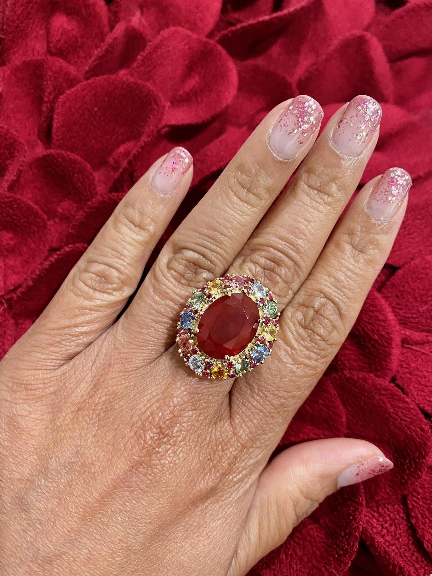 9.61 Carat Natural Fire Opal Multi Color Sapphire Yellow Gold Ring