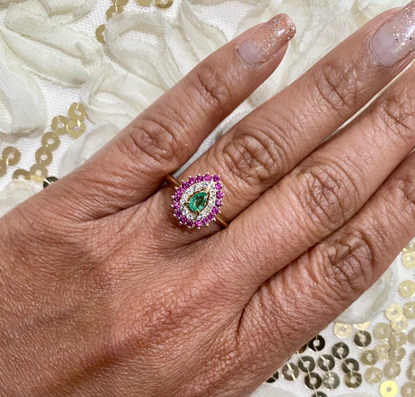 Emerald Sapphire 14 Karat Yellow Gold Cocktail Ring