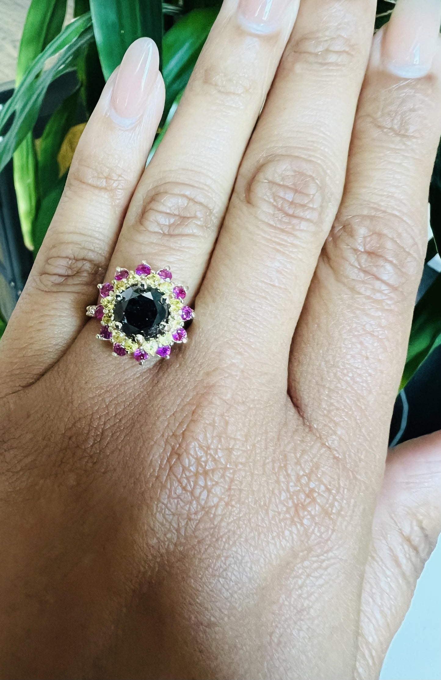 4.22 Carat Black Diamond Sapphire Yellow Gold Ring
