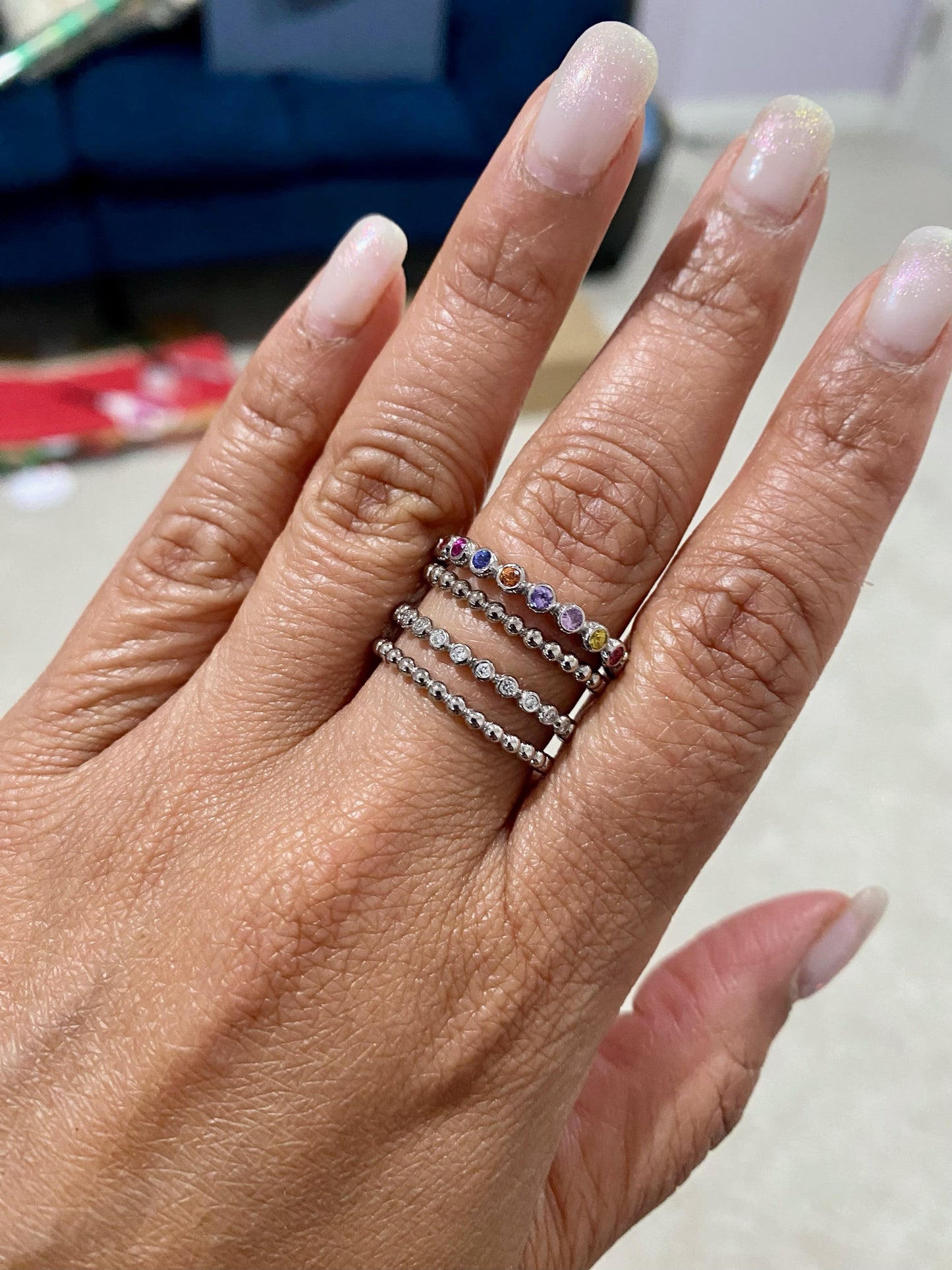 Multi Color Sapphire Diamond White Gold Stacked Band