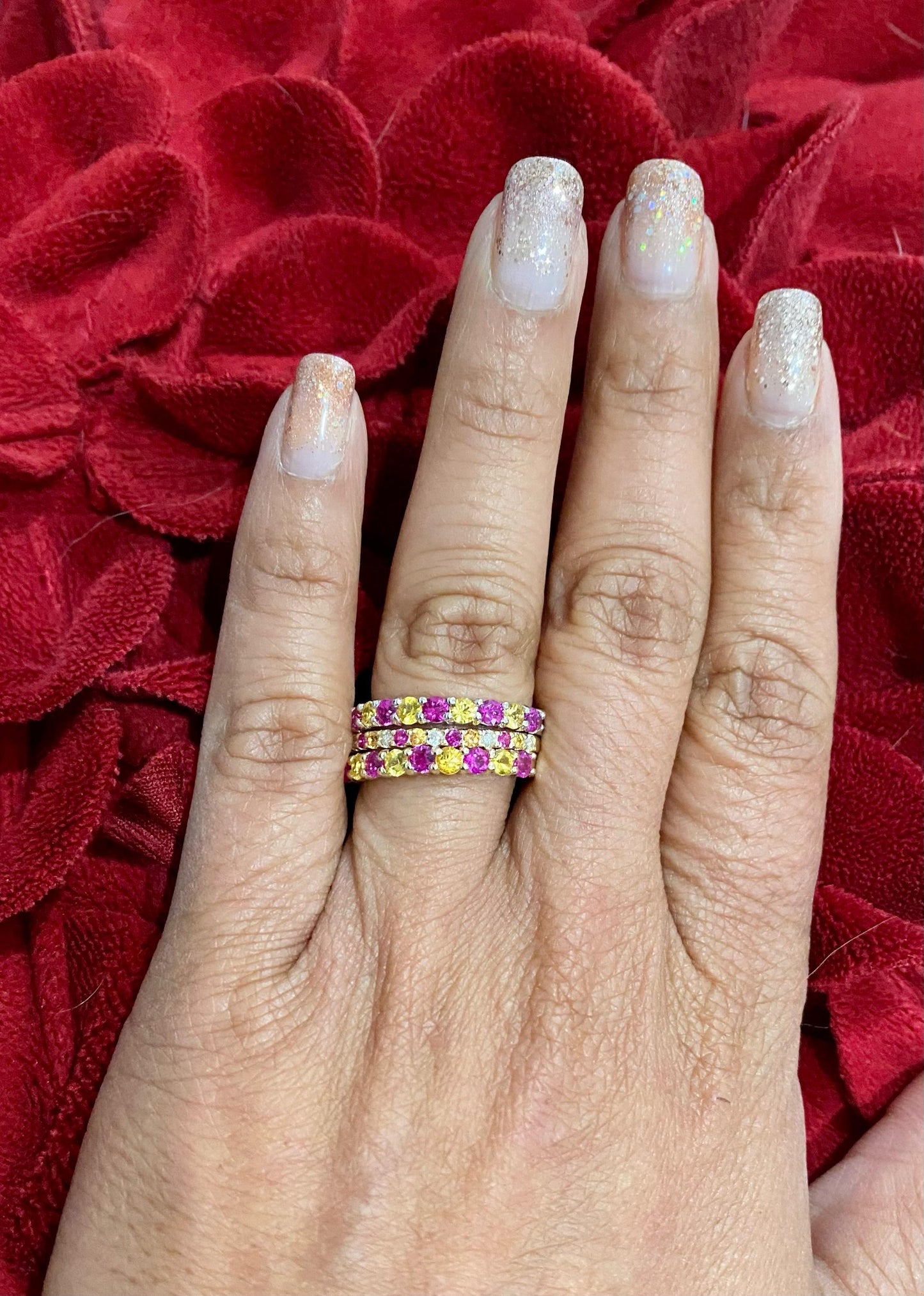 Multi Color Sapphire and Diamond Stackable Gold Band Set