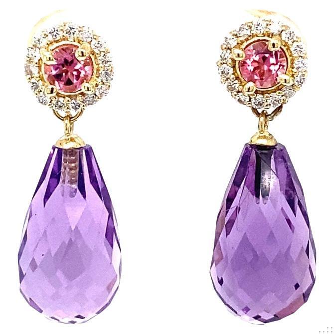 Natural Amethyst Diamond Tourmaline Yellow Gold Drop Earrings