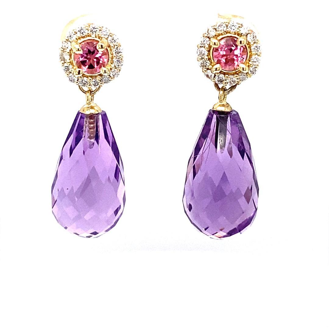 Natural Amethyst Diamond Tourmaline Yellow Gold Drop Earrings