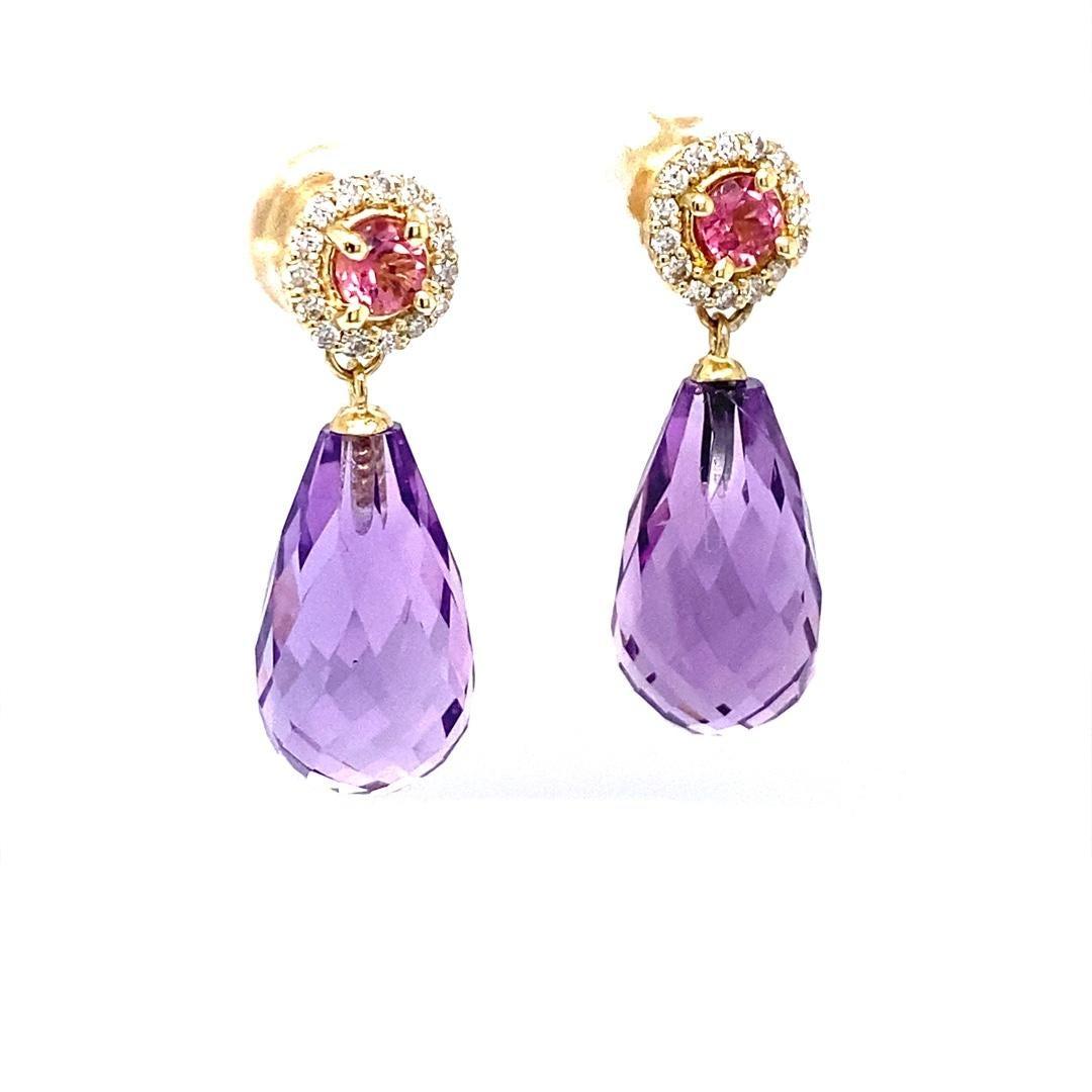 Natural Amethyst Diamond Tourmaline Yellow Gold Drop Earrings