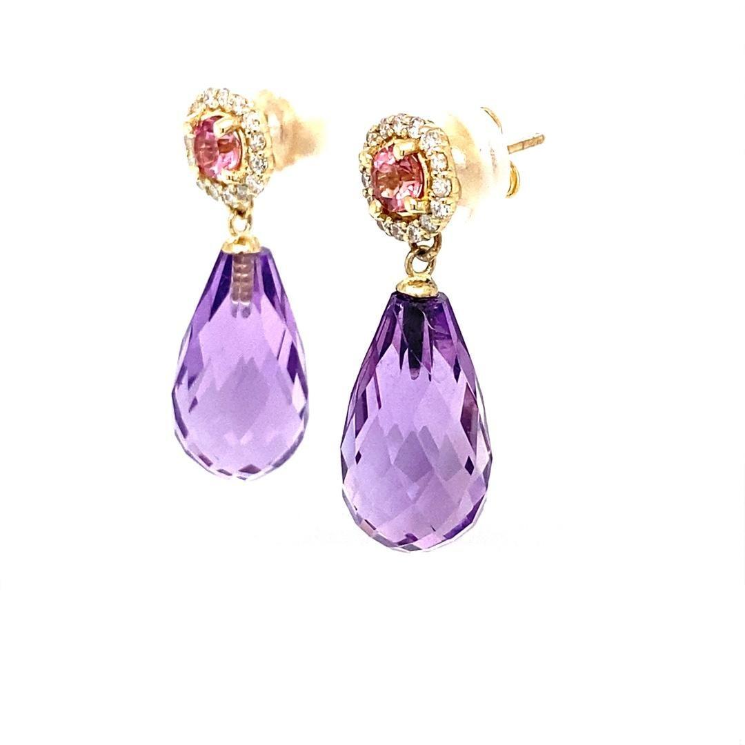 Natural Amethyst Diamond Tourmaline Yellow Gold Drop Earrings