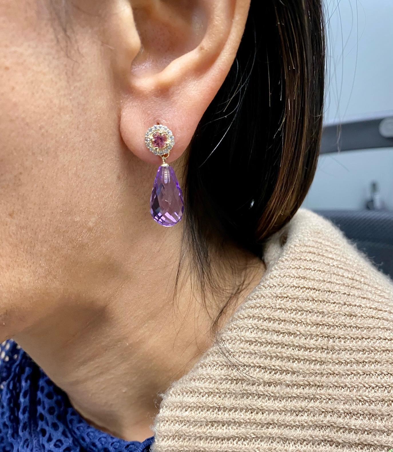 Natural Amethyst Diamond Tourmaline Yellow Gold Drop Earrings