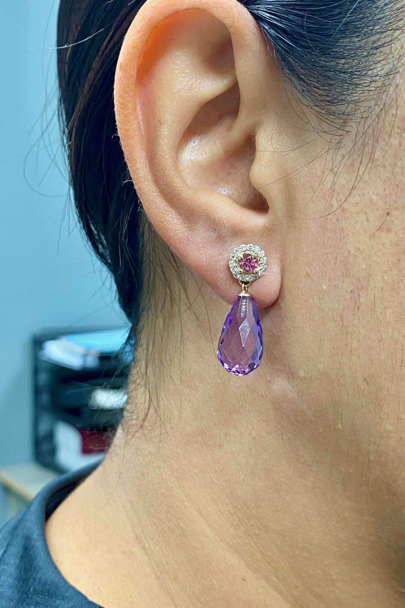 Natural Amethyst Diamond Tourmaline Yellow Gold Drop Earrings