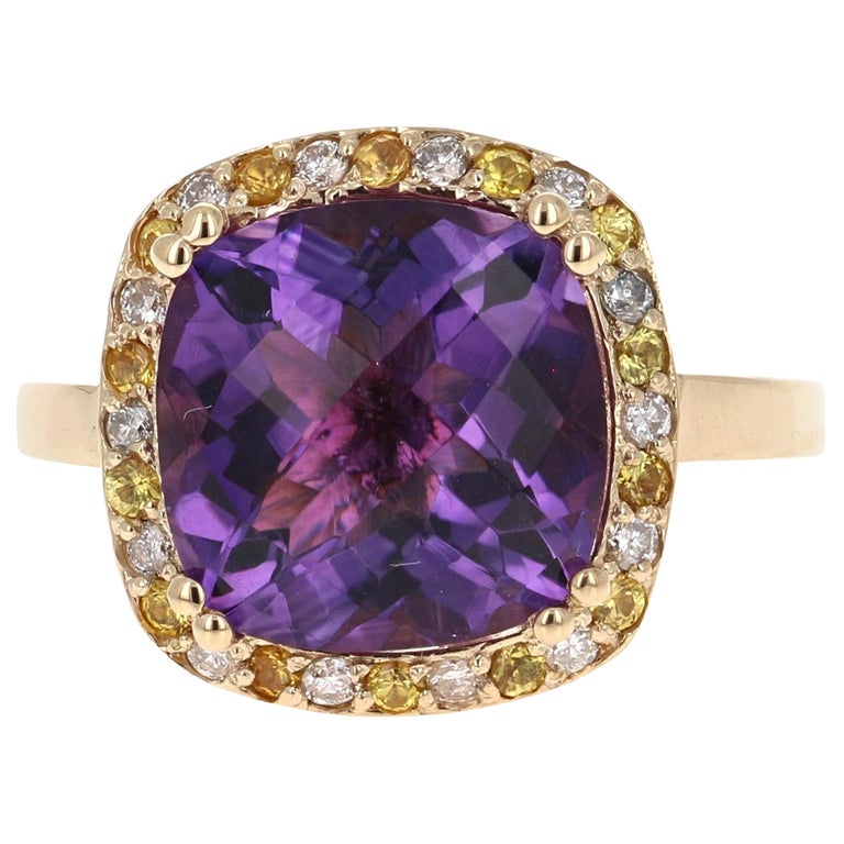 7.01 Ct Amethyst, Yellow Sapphire, Diamond 14K Yellow Gold Cocktail Ring