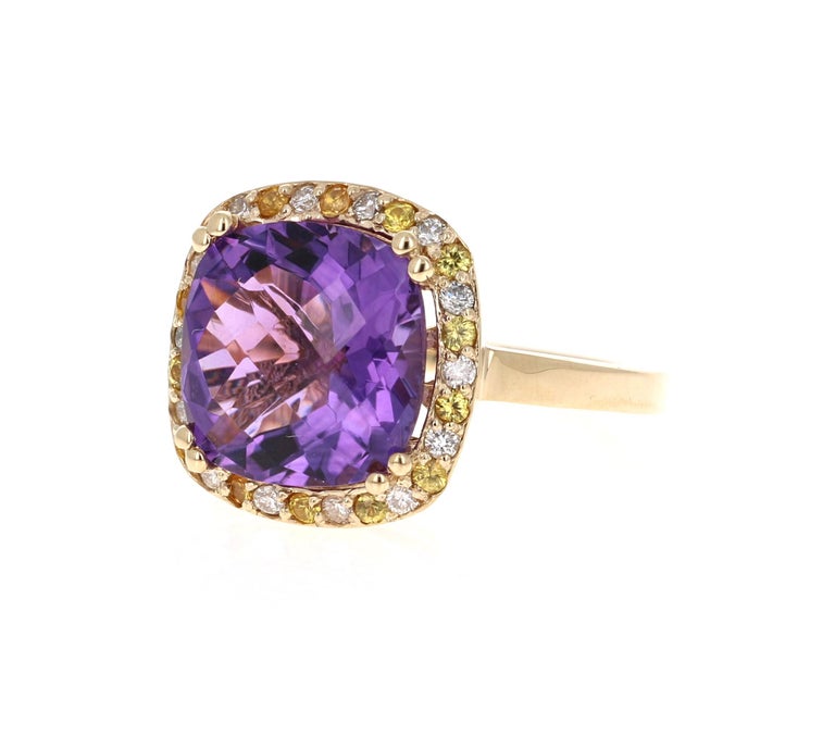 7.01 Ct Amethyst, Yellow Sapphire, Diamond 14K Yellow Gold Cocktail Ring