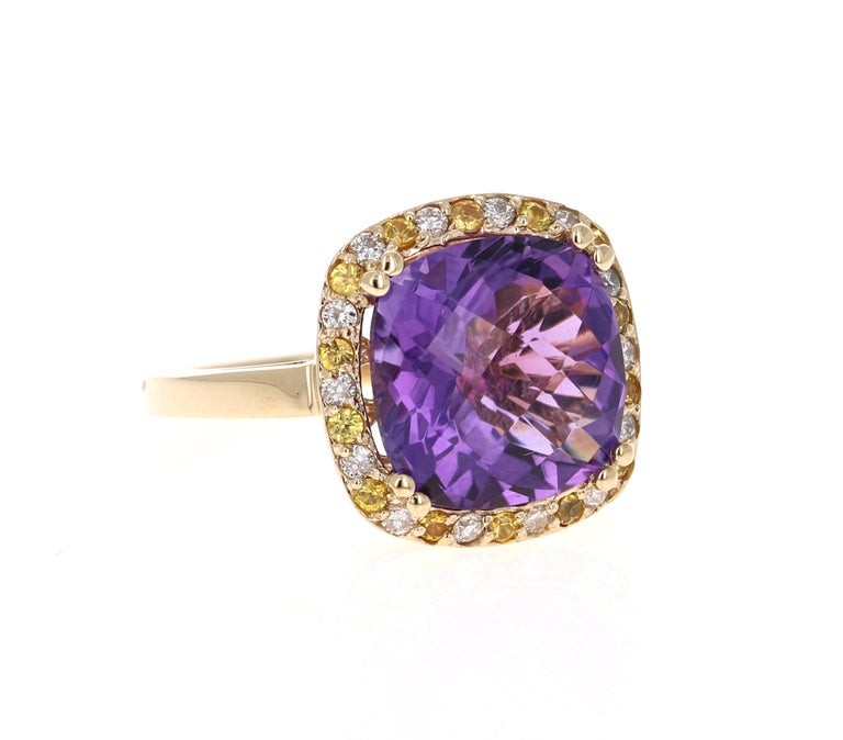 7.01 Ct Amethyst, Yellow Sapphire, Diamond 14K Yellow Gold Cocktail Ring