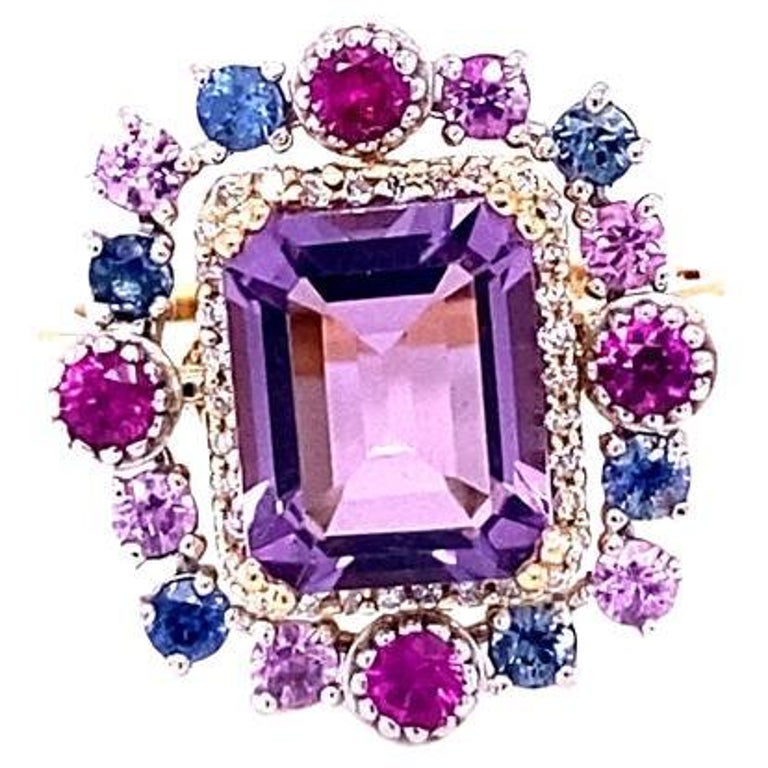 3.91 Ct Amethyst, Diamond, Sapphire Yellow Gold Cocktail Ring