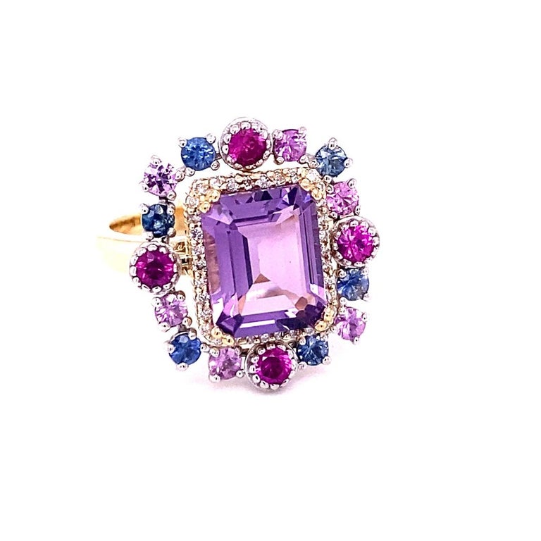 3.91 Ct Amethyst, Diamond, Sapphire Yellow Gold Cocktail Ring