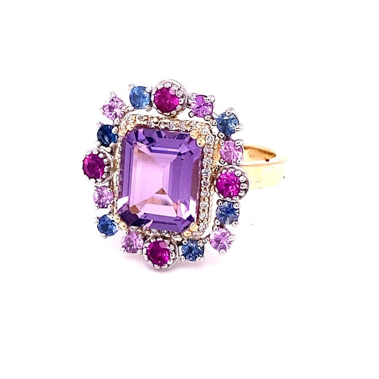3.91 Ct Amethyst, Diamond, Sapphire Yellow Gold Cocktail Ring