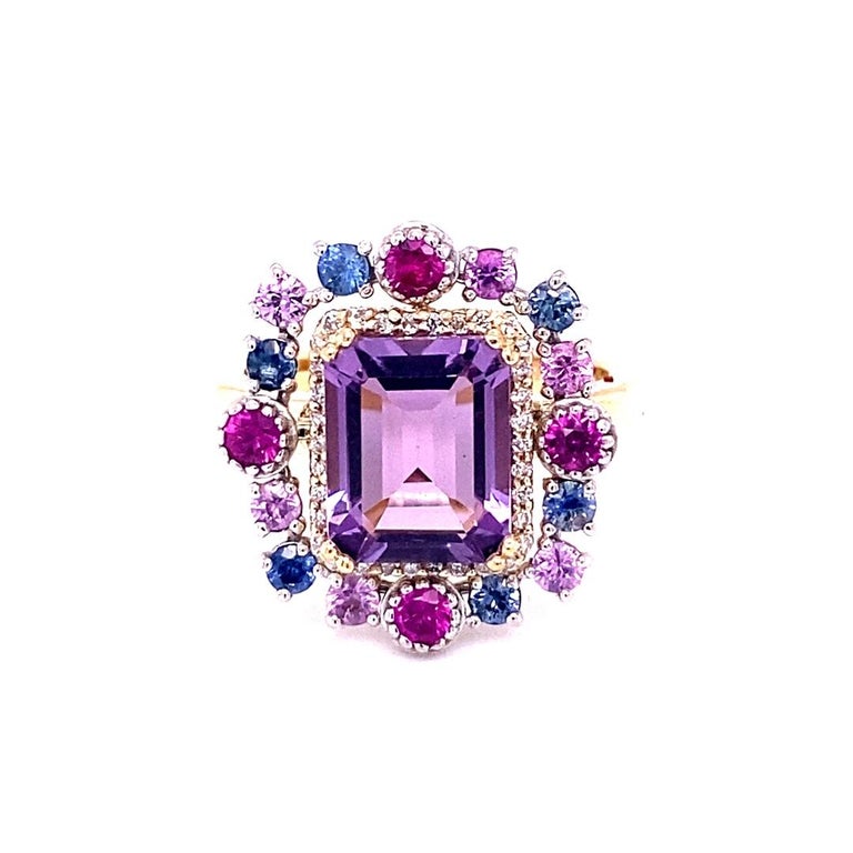 3.91 Ct Amethyst, Diamond, Sapphire Yellow Gold Cocktail Ring