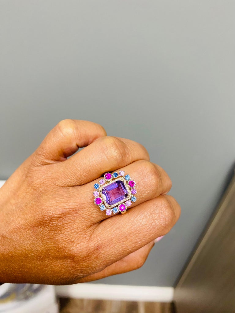 3.91 Ct Amethyst, Diamond, Sapphire Yellow Gold Cocktail Ring