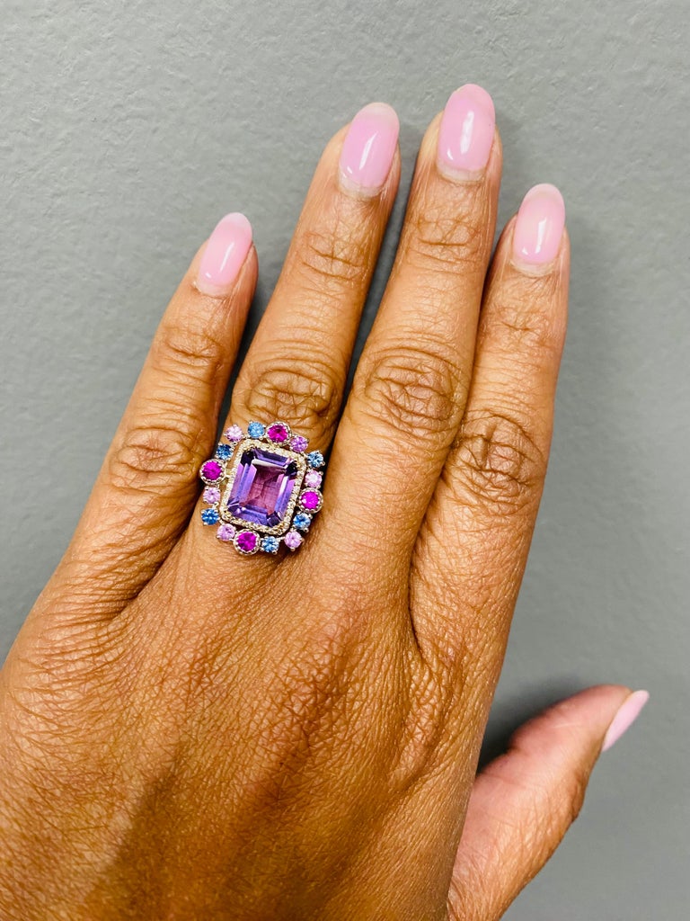 3.91 Ct Amethyst, Diamond, Sapphire Yellow Gold Cocktail Ring