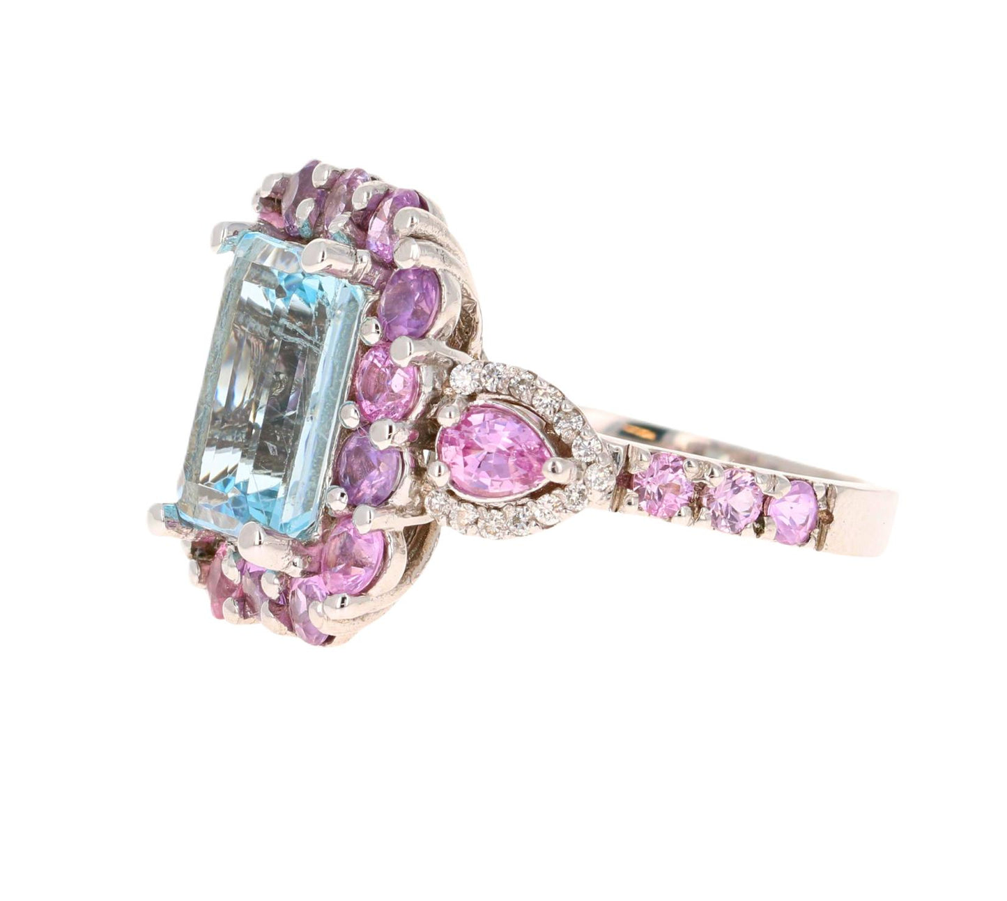 5.82 Carat Aquamarine Pink Sapphire Diamond White Gold Cocktail Ring