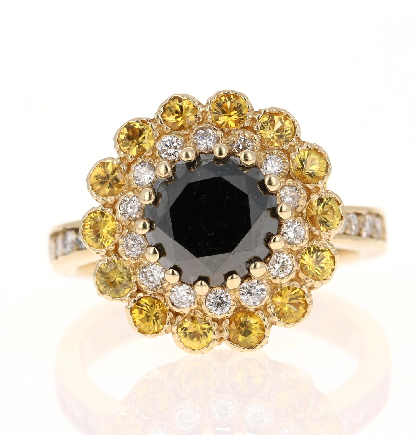 3.90 Carat Round Cut Black Diamond Sapphire Yellow Gold Engagement Ring