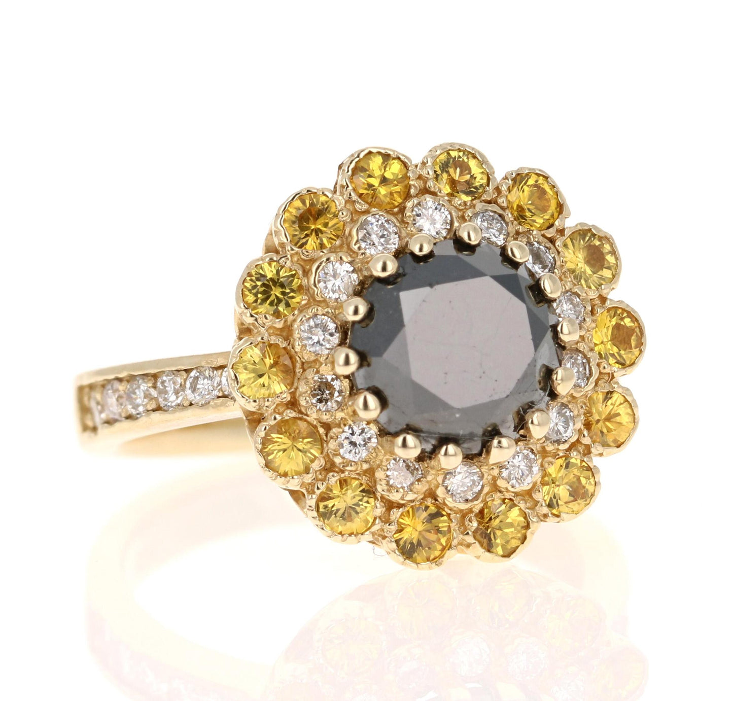 3.90 Carat Round Cut Black Diamond Sapphire Yellow Gold Engagement Ring