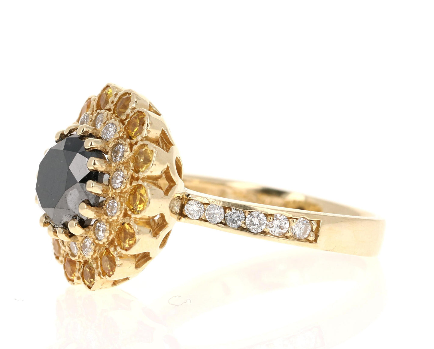 3.90 Carat Round Cut Black Diamond Sapphire Yellow Gold Engagement Ring