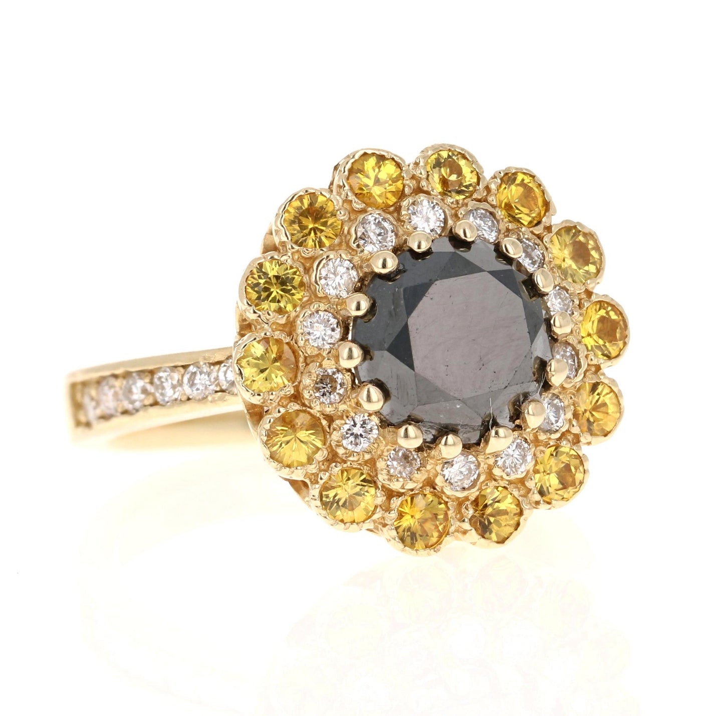 3.90 Carat Round Cut Black Diamond Sapphire Yellow Gold Engagement Ring
