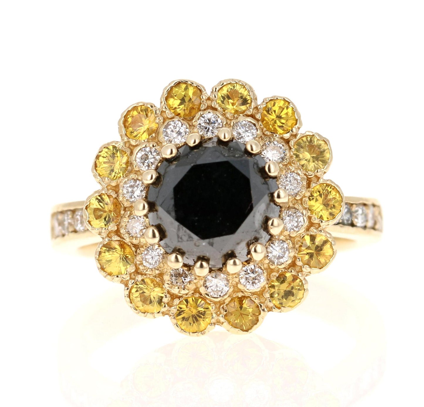 3.90 Carat Round Cut Black Diamond Sapphire Yellow Gold Engagement Ring