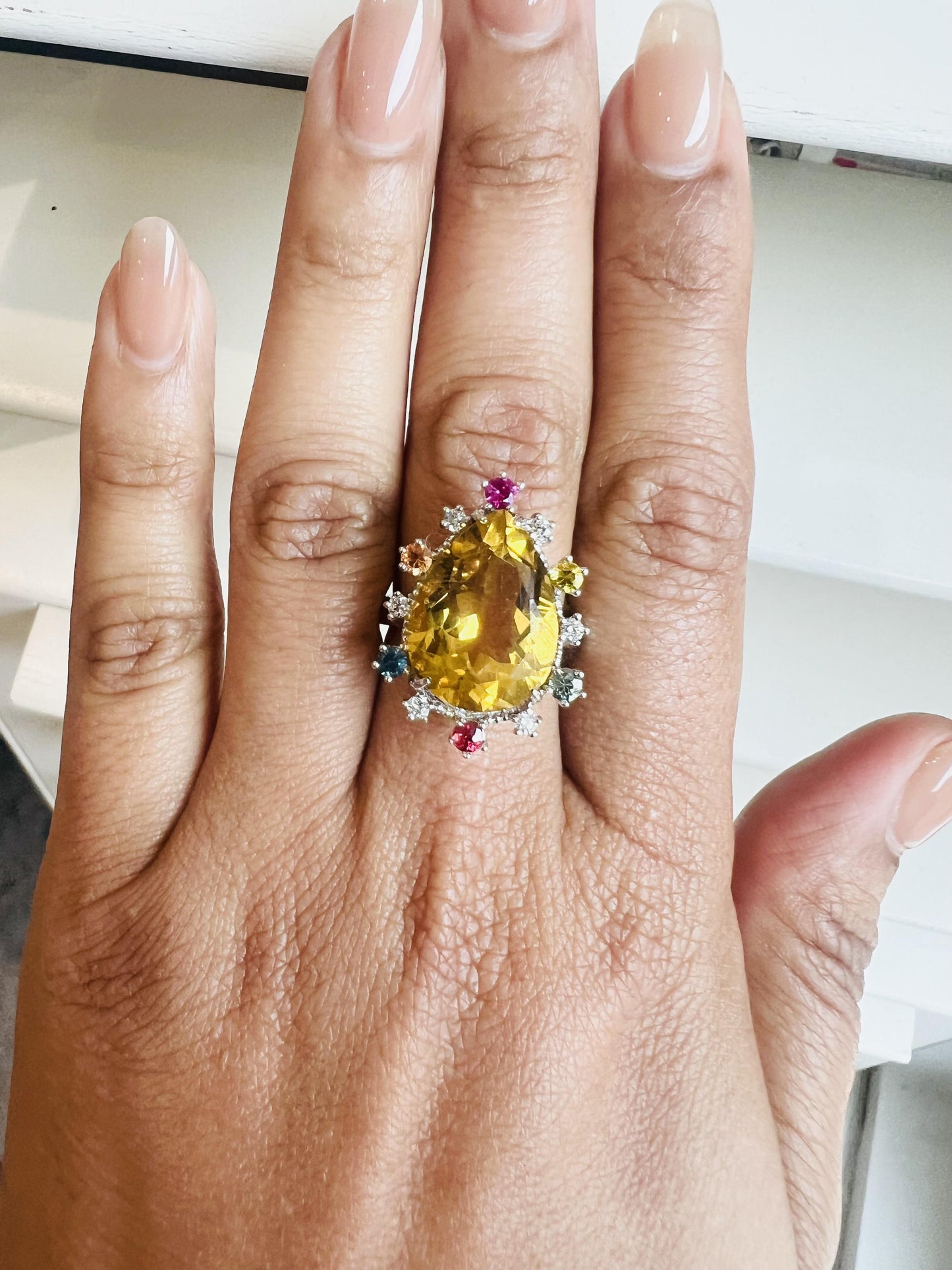 12.25 Carat Pear Cut Citrine Sapphire Diamond Yellow Gold Cocktail Ring