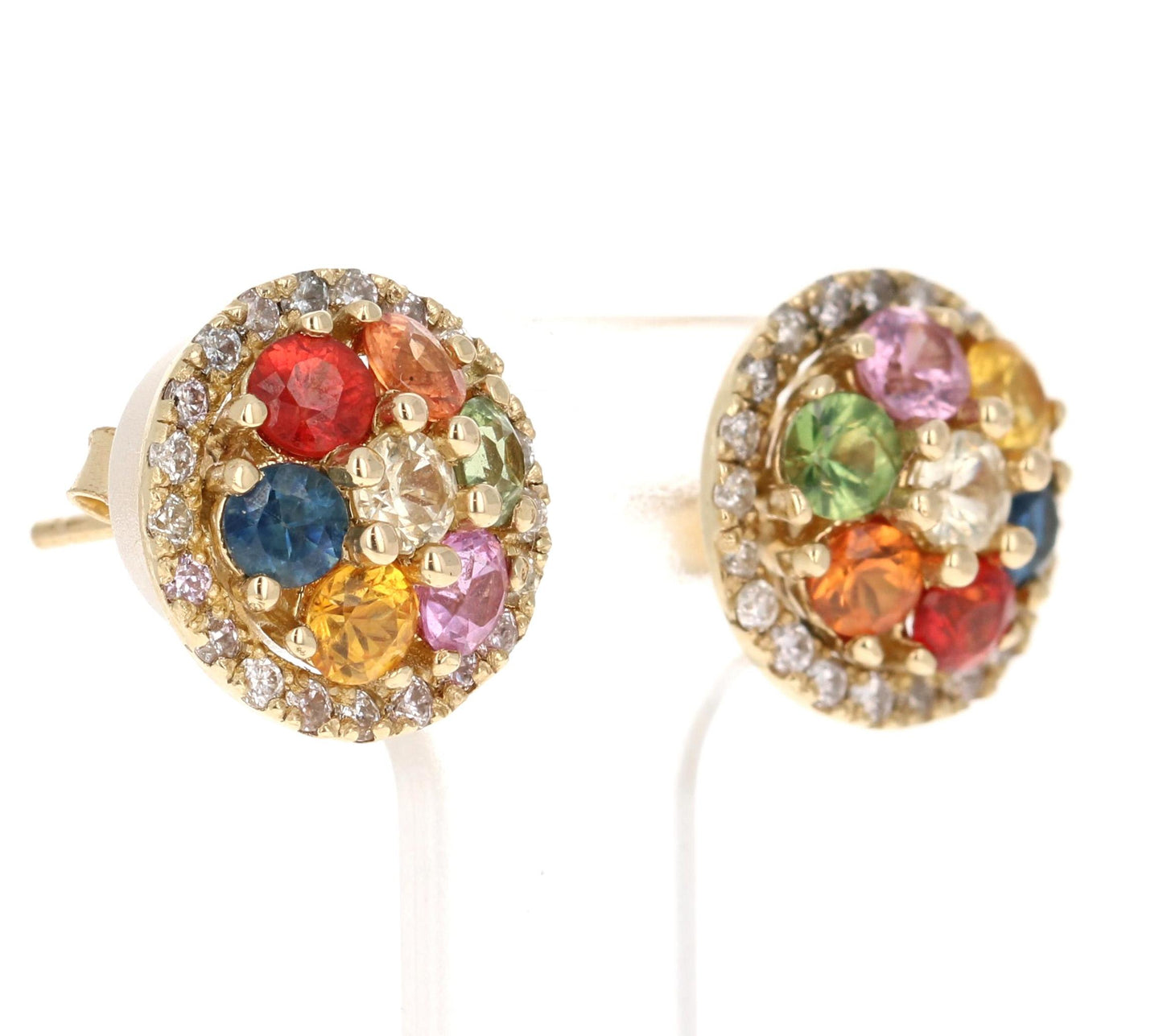 2.49 Carat Multicolor Sapphire Diamond 14 Karat Yellow Gold Earrings