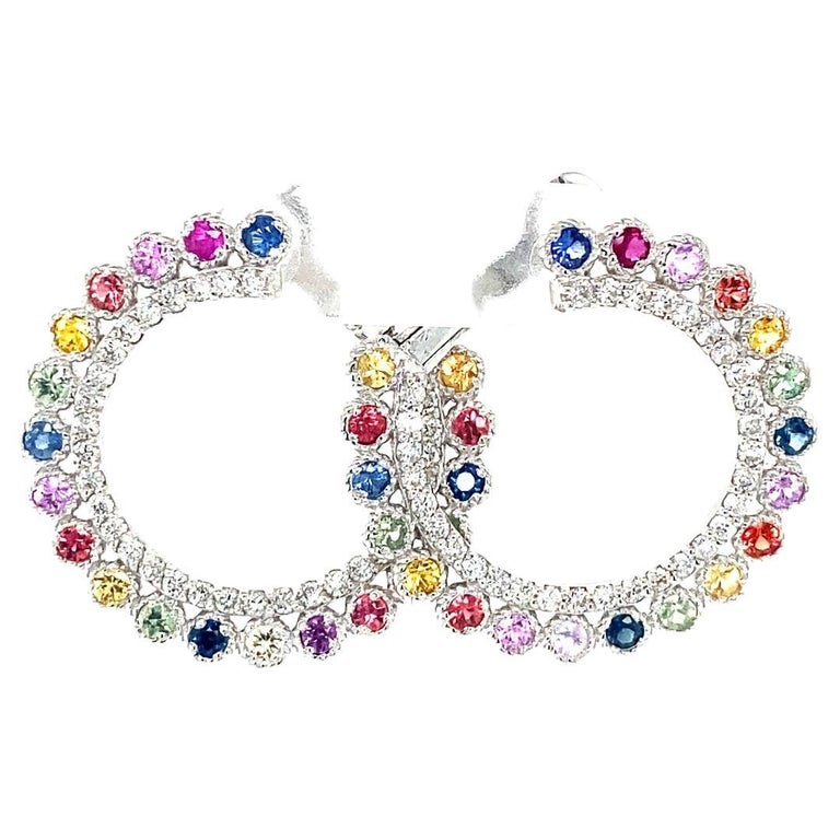 2.94 Ct Multi Color Sapphire, Diamond 14 Karat White Gold Earrings