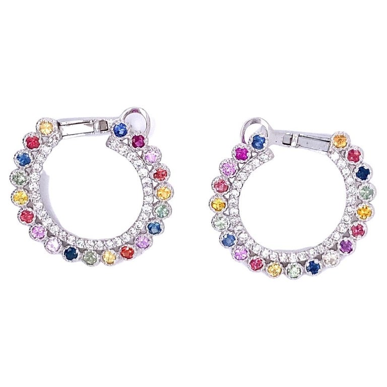 2.94 Ct Multi Color Sapphire, Diamond 14 Karat White Gold Earrings