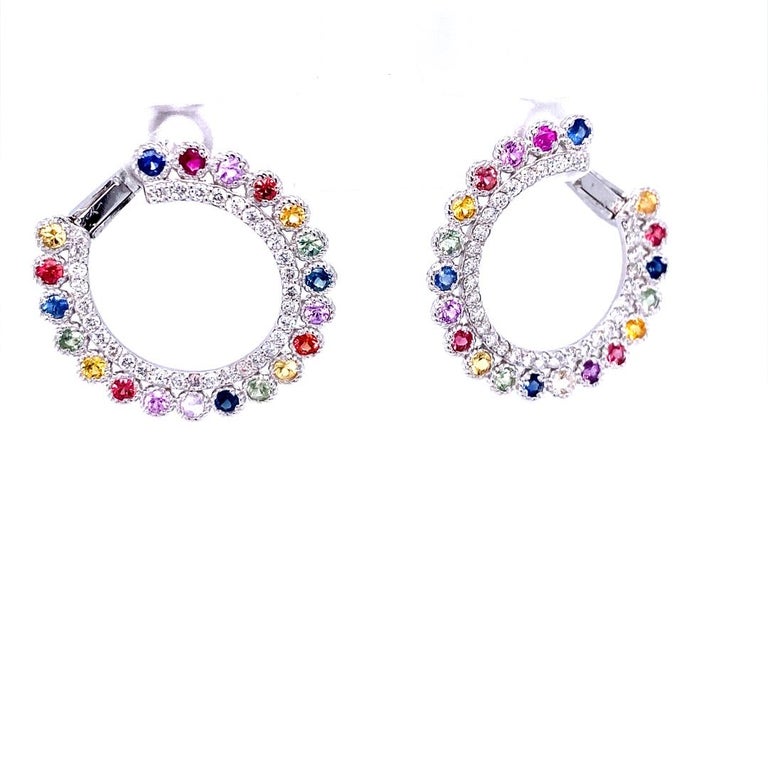 2.94 Ct Multi Color Sapphire, Diamond 14 Karat White Gold Earrings