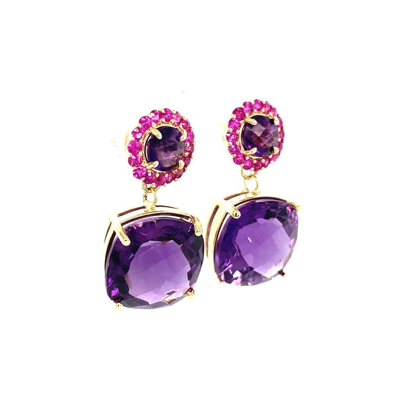 11.24 Ct Amethyst, Sapphire Yellow Gold Drop Earrings