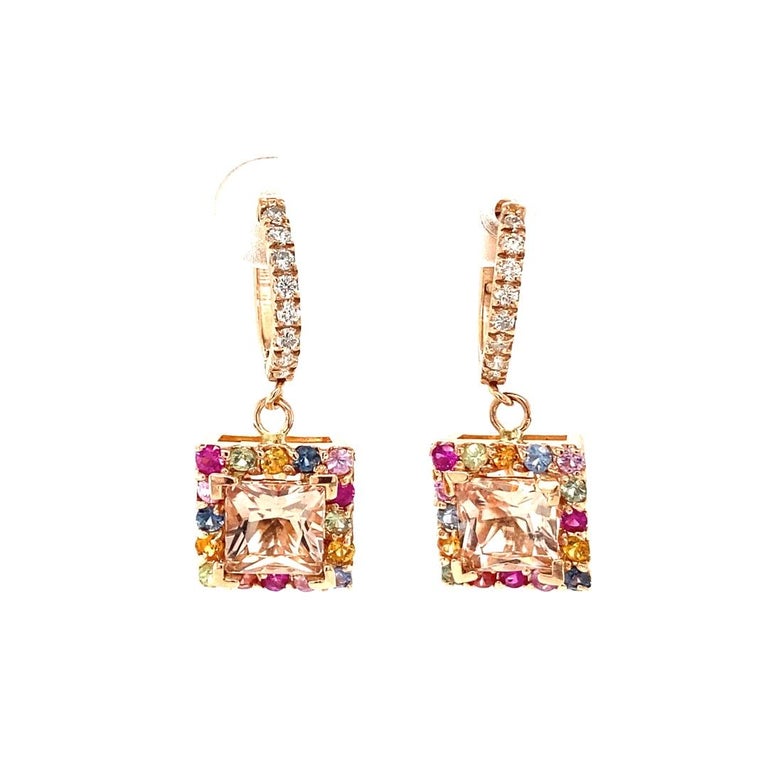 4.56 Ct Morganite, Diamond, Sapphire Rose Gold Earrings