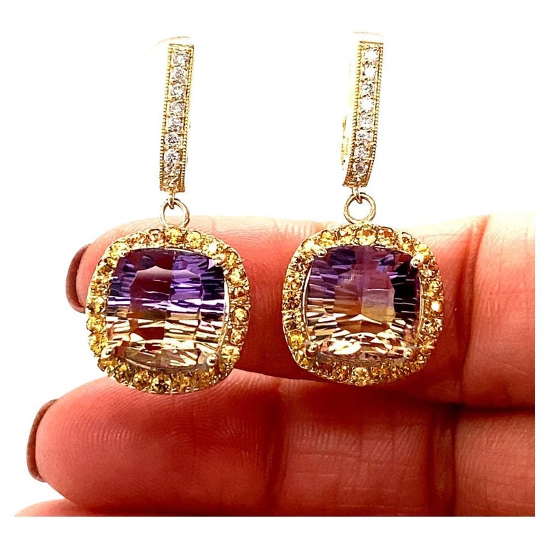 9.40 Ct Ametrine, Sapphire, Diamond 14 Karat Yellow Gold Drop Earrings
