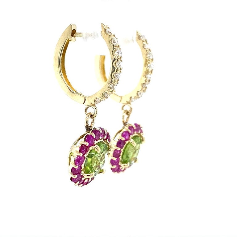 3.16 Ct Peridot, Sapphire, Diamond 14 Karat Yellow Gold Drop Earrings
