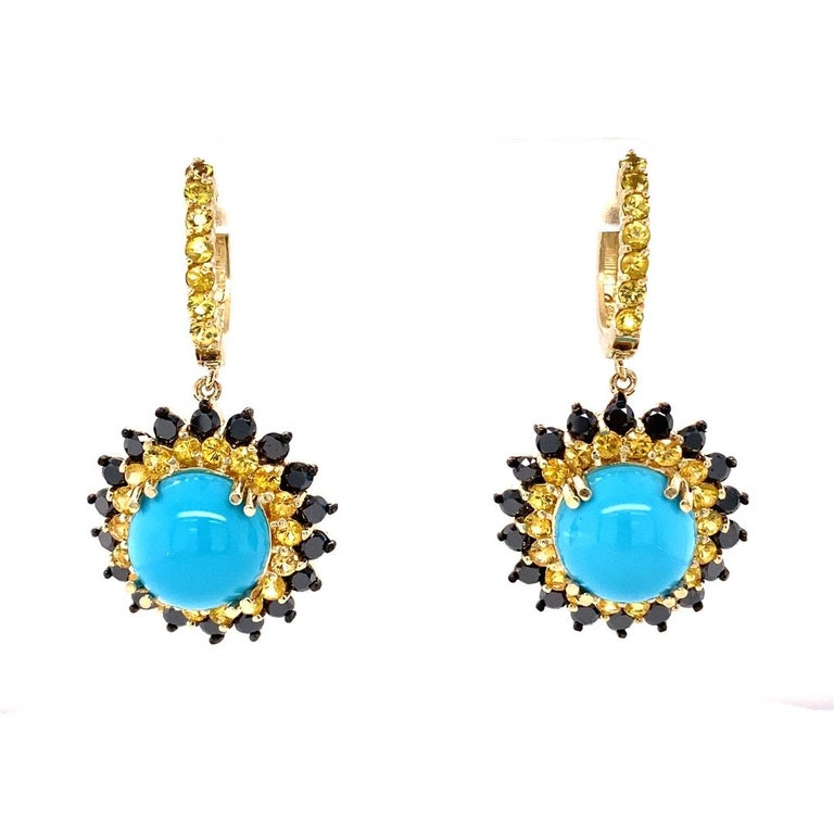 17.57 Ct Turquoise, Sapphire, Black Diamond 14 Karat Yellow Gold Earrings
