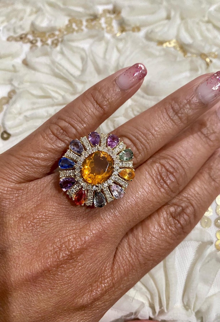7.98 Carat Natural Fire Opal Sapphire Diamond Yellow Gold Cocktail Ring