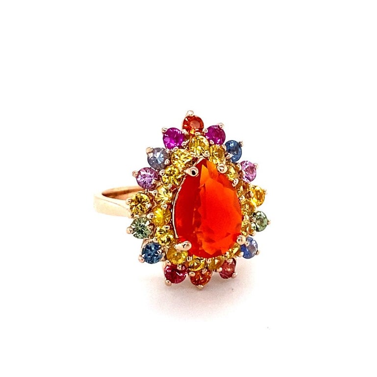 3.96 Carat Fire Opal Sapphire Rose Gold Cocktail Ring