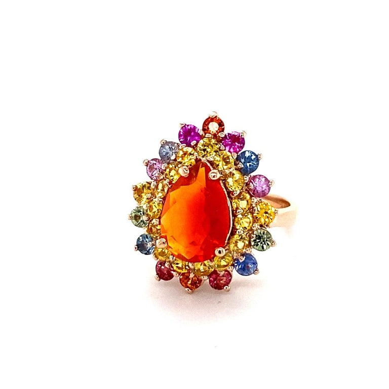 3.96 Carat Fire Opal Sapphire Rose Gold Cocktail Ring