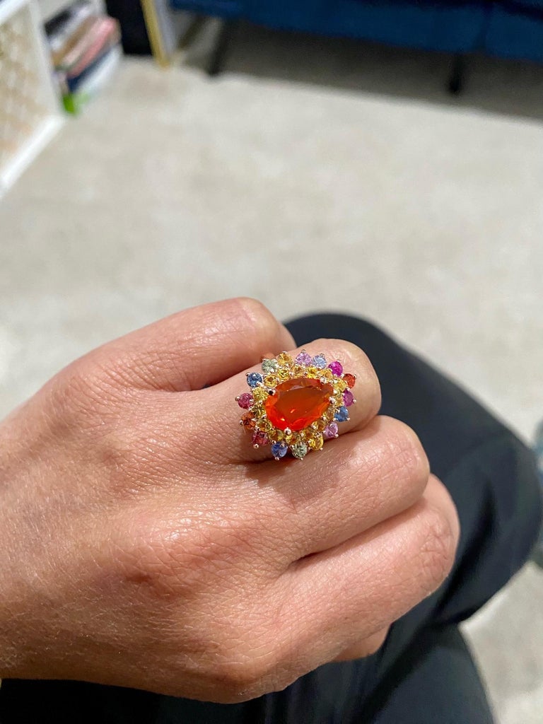 3.96 Carat Fire Opal Sapphire Rose Gold Cocktail Ring