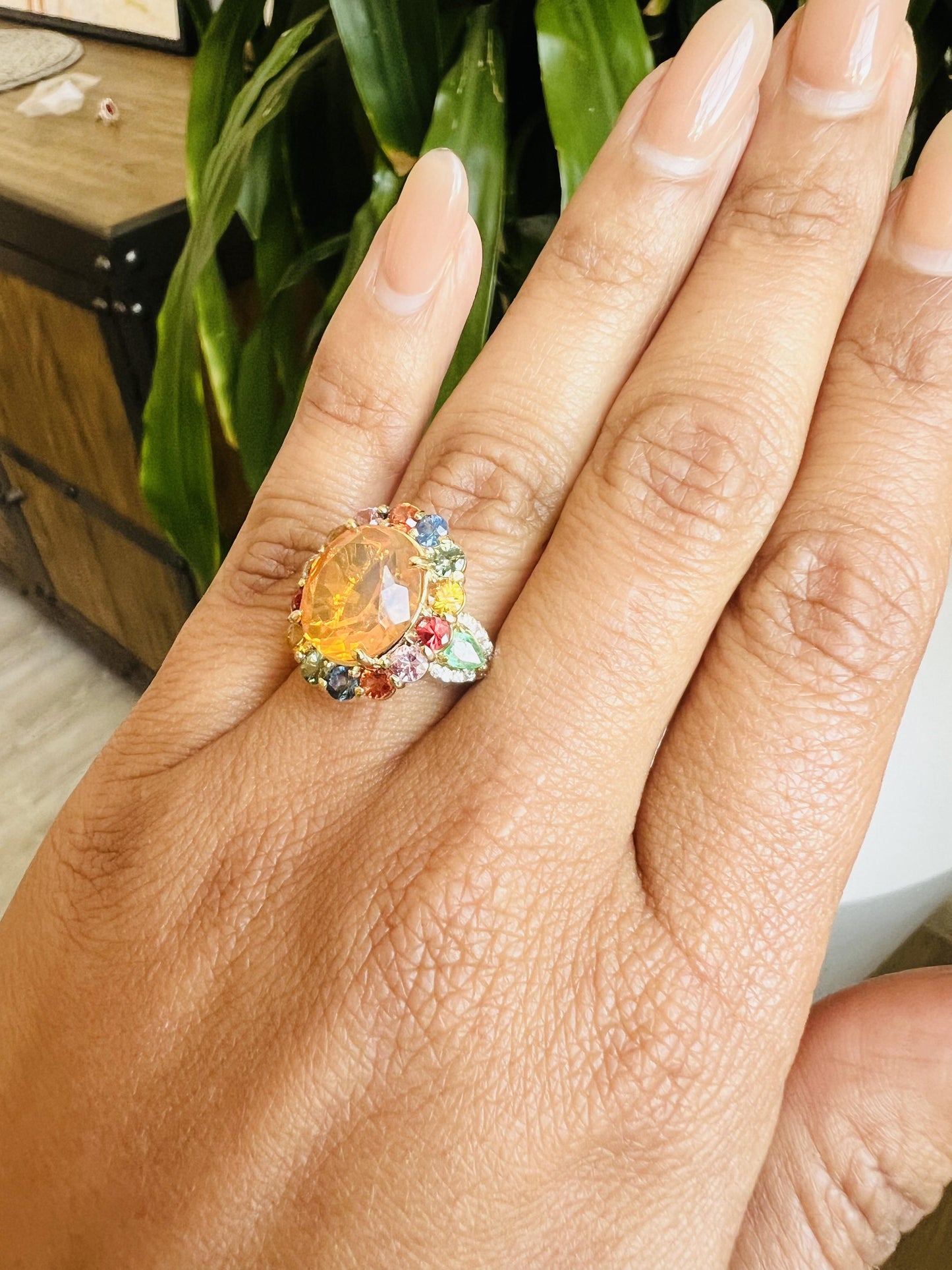 6.74 Carat Fire Opal Sapphire Diamond 14 Karat Yellow Gold Cocktail Ring