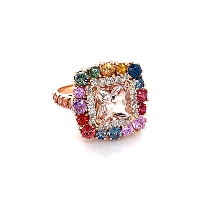 4.22 Carat Pink Morganite, Diamond, Sapphire 14 Karat Rose Gold Cocktail Ring