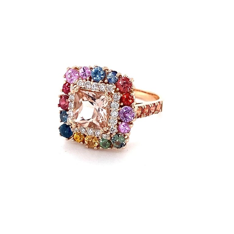 4.22 Carat Pink Morganite, Diamond, Sapphire 14 Karat Rose Gold Cocktail Ring