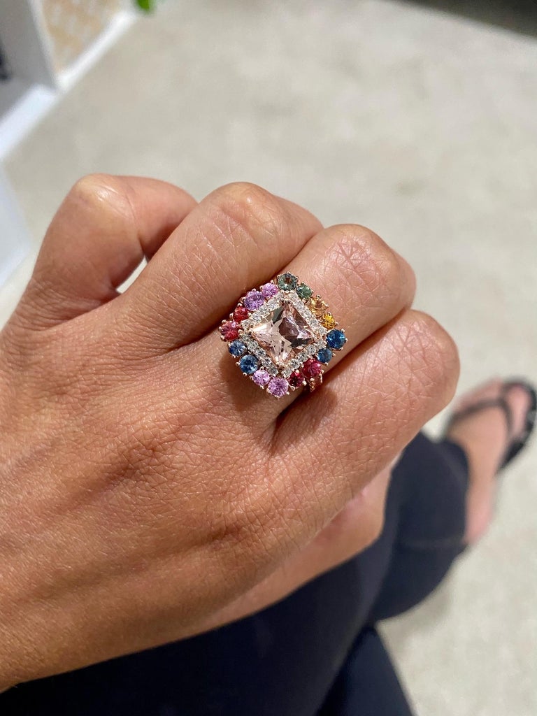 4.22 Carat Pink Morganite, Diamond, Sapphire 14 Karat Rose Gold Cocktail Ring
