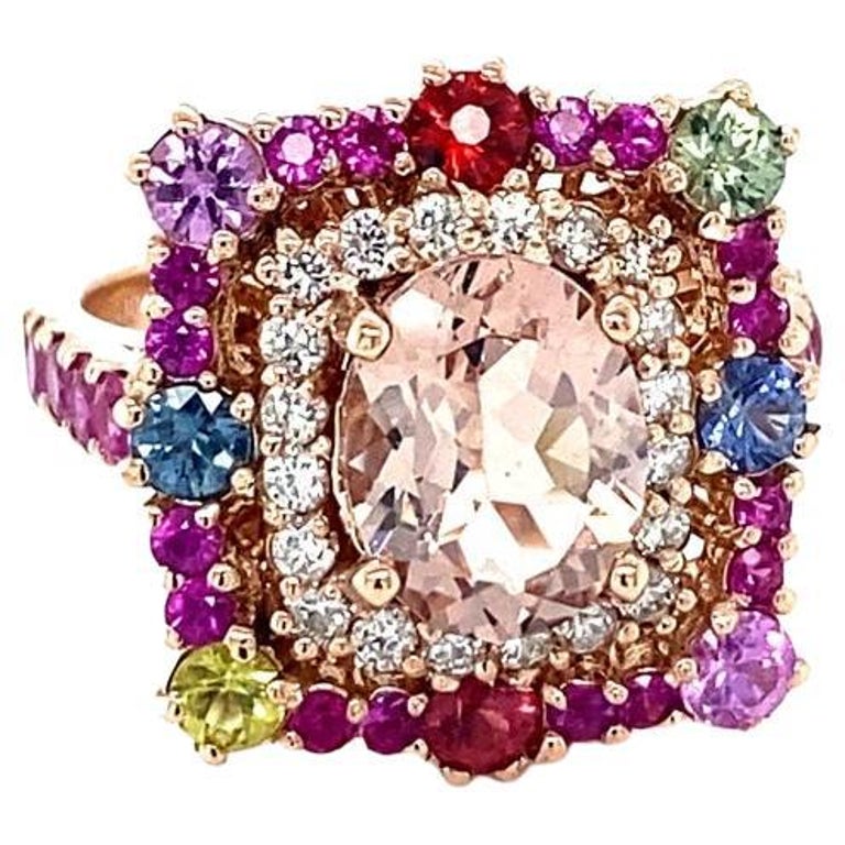 3.80 Carat Morganite, Diamond, Sapphire 14 Karat Rose Gold Cocktail Ring