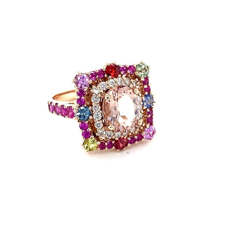 3.80 Carat Morganite, Diamond, Sapphire 14 Karat Rose Gold Cocktail Ring