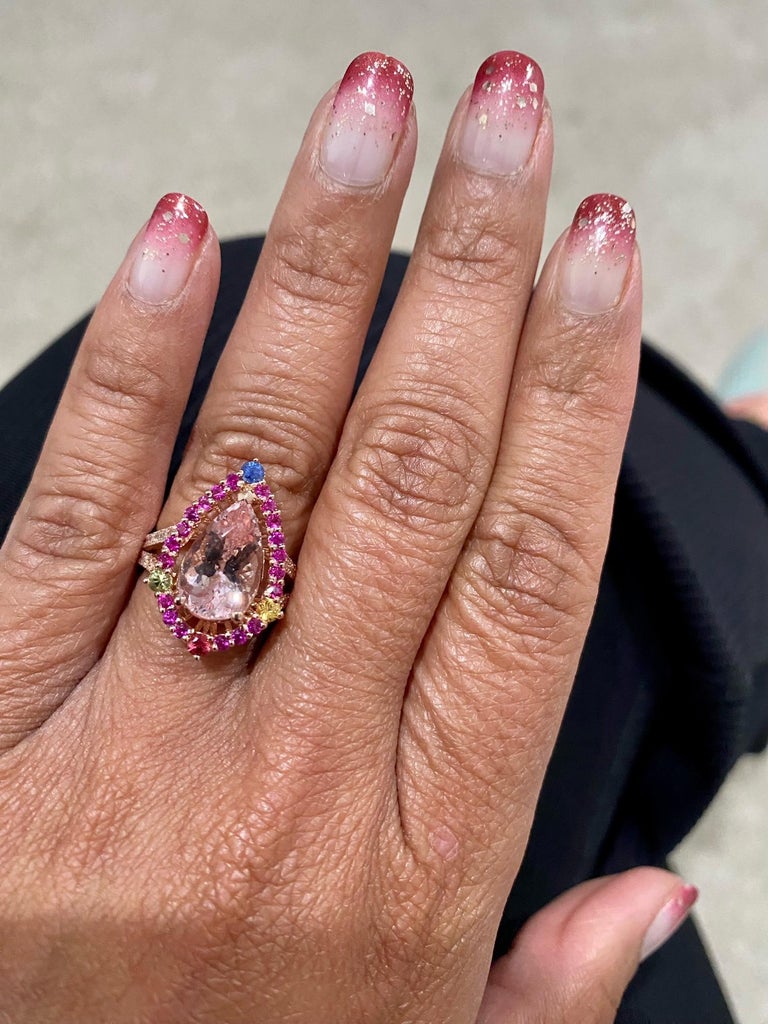 4.02 Carat Morganite, Diamond, Sapphire 14 Karat Rose Gold Cocktail Ring