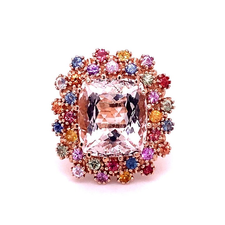 10.91 Carat Morganite, Multicolor Sapphire 14 Karat Rose Gold Cocktail Ring